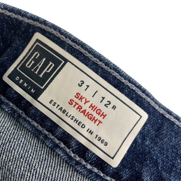 Gap Denim Womens Sky High Jeans Size 31 12R Straight Dark Wash Blue Distressed - Picture 5 of 7